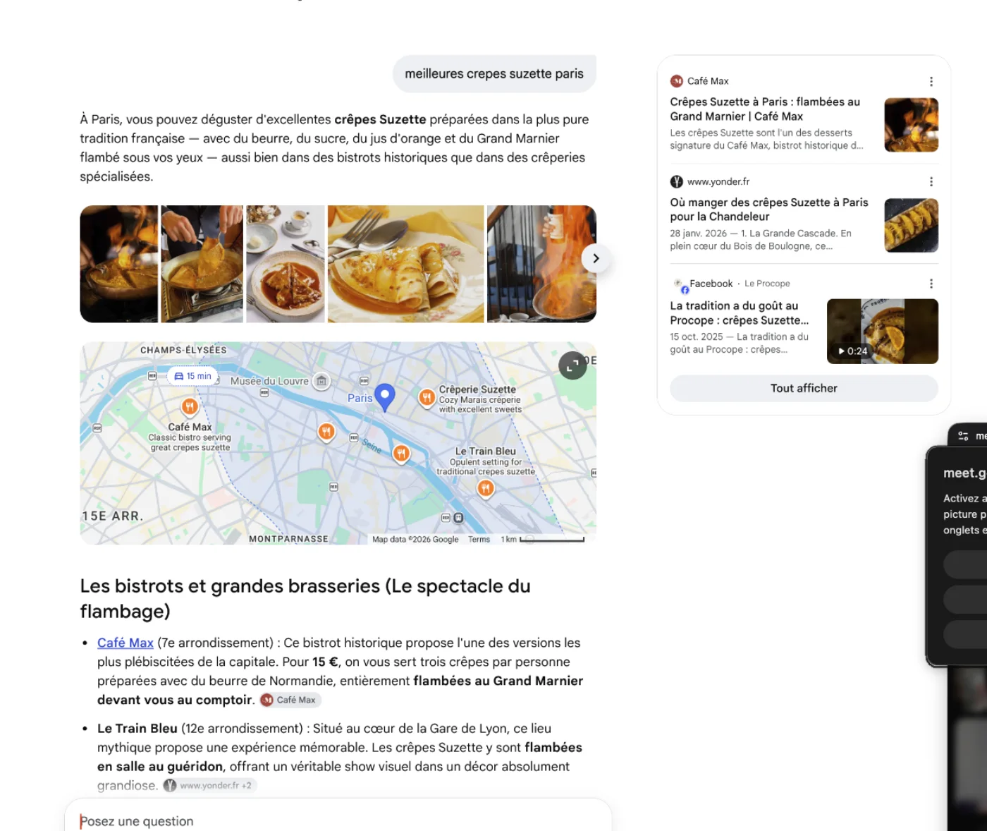 Google, Mode IA : pour « meilleures crepes suzette paris », Café Max est cité en premier