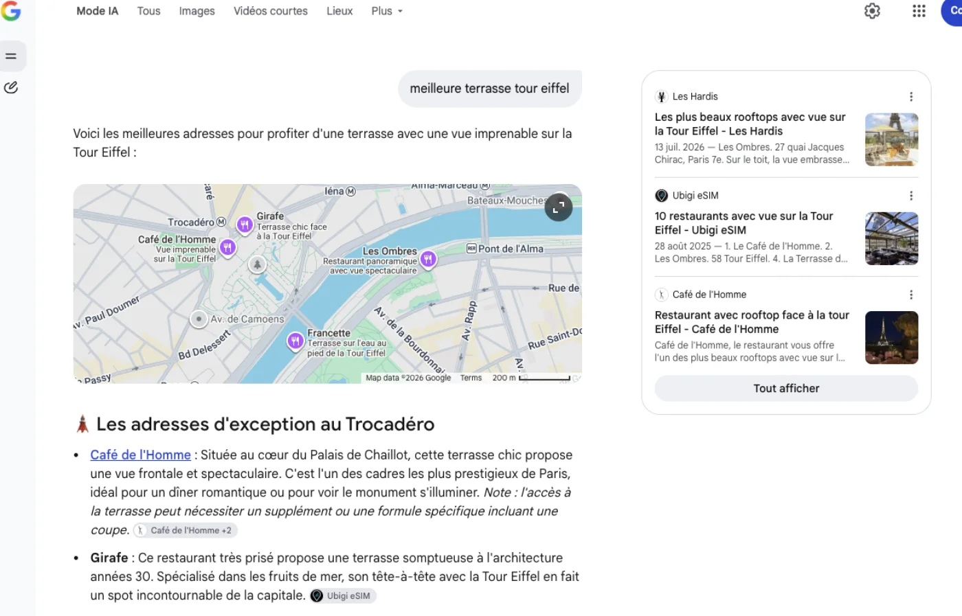 Capture Google, Mode IA : pour « meilleure terrasse tour eiffel », Café de l'Homme est cité en premier