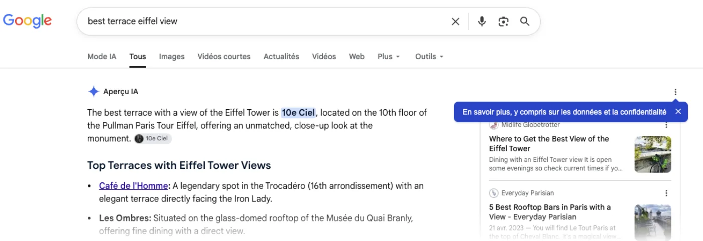 Google, Aperçu IA pour la requête anglaise « best terrace eiffel view » : Café de l'Homme en tête