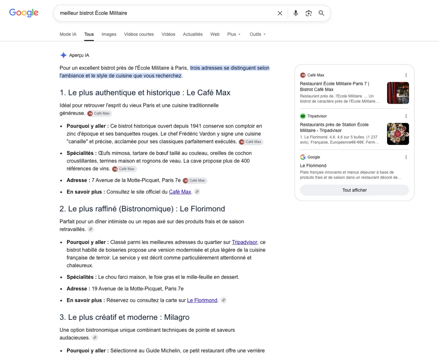 Capture Google, Aperçu IA : pour « meilleur bistrot École Militaire », Café Max est en première position